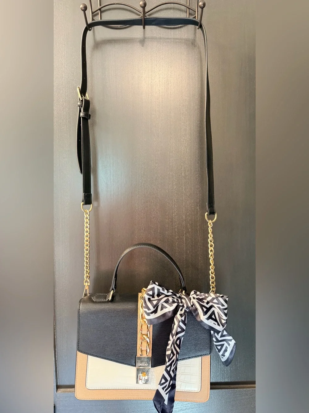 ALDO Black, White & Tan Chain-Accent Top-Handle Satchel